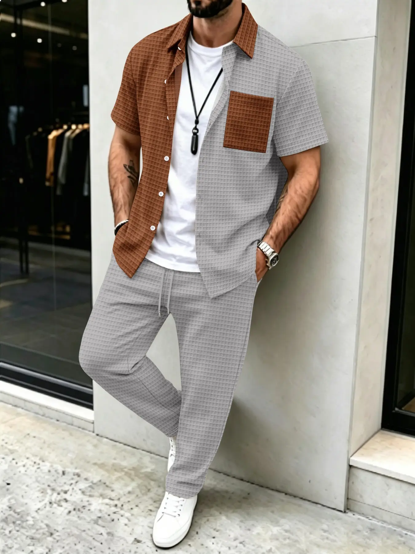 Men's Solid Waffle Pattern Cas - огляд і ціна Men'S Spring Fashion