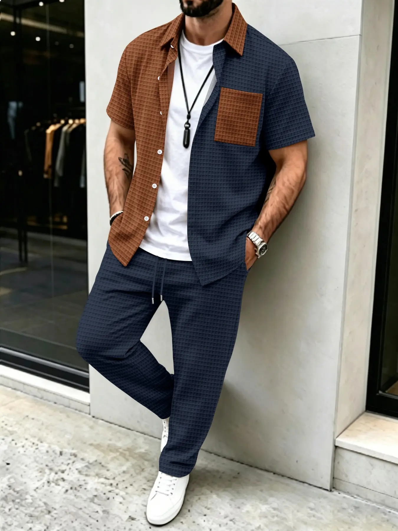 Men's Solid Waffle Pattern Cas - огляд і ціна Men'S Spring Fashion