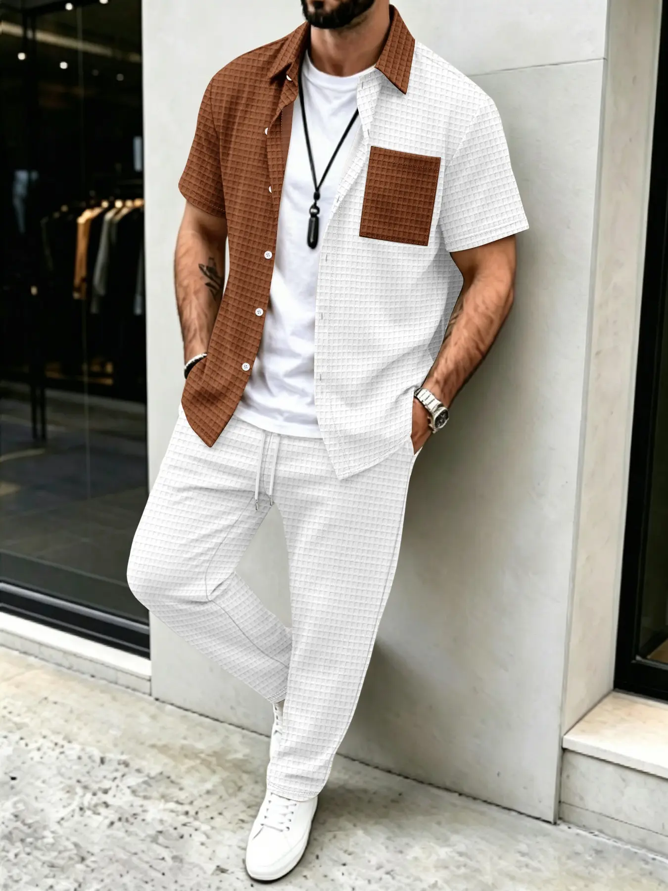 Men's Solid Waffle Pattern Cas - огляд і ціна Men'S Spring Fashion